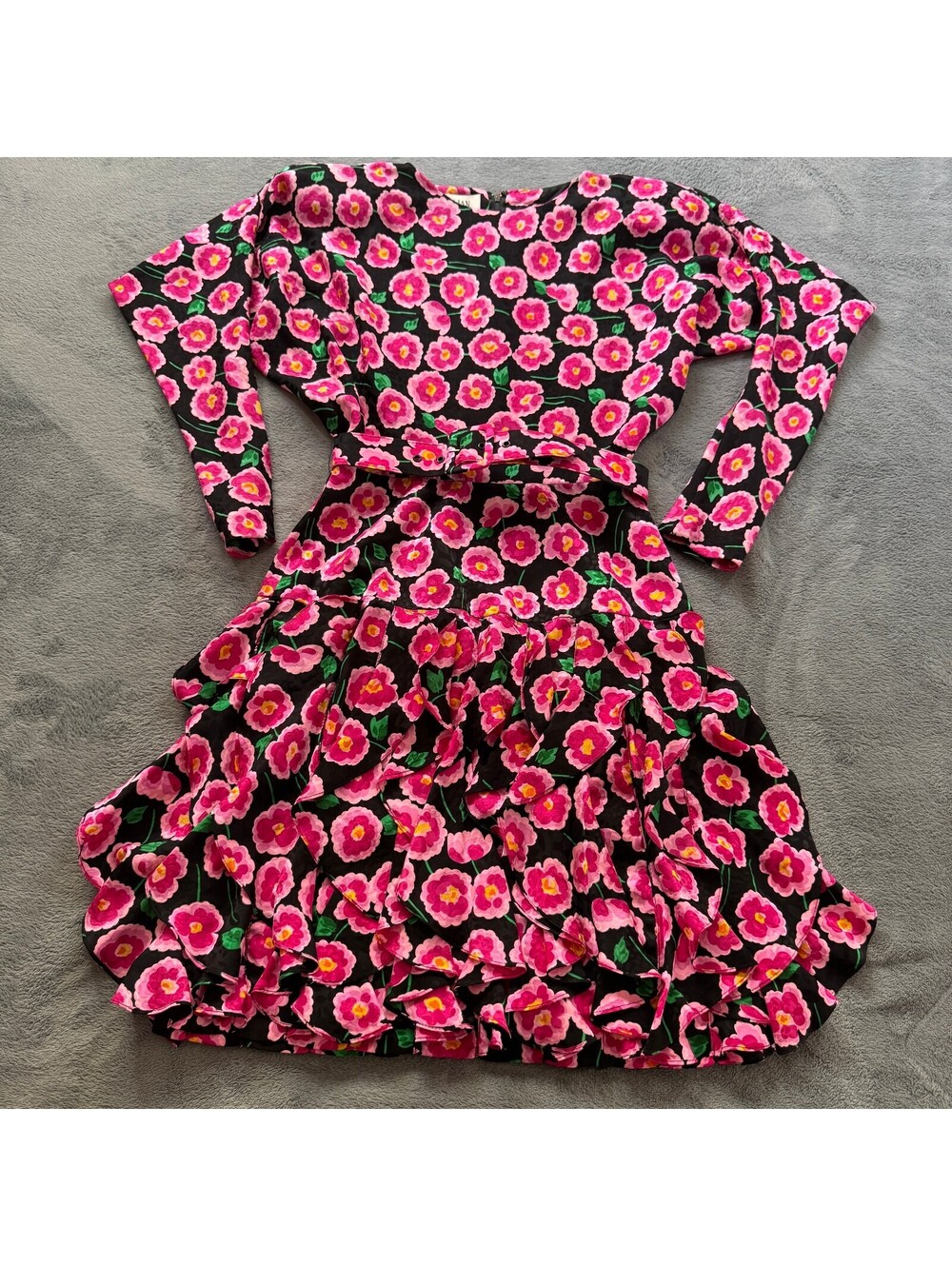 Gillian 100% Silk Ruffle Dress Pink Floral Batwing Belted Size 4 VTG 80s